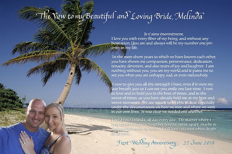 1st Anniversary marriage vows written in calligraphy combined with computer calligraphywith selfie of the couple in Hawaii