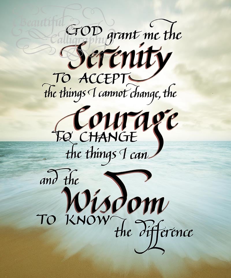 The Serenity Prayer calligraphy print superimposed on a vintage beach scene.