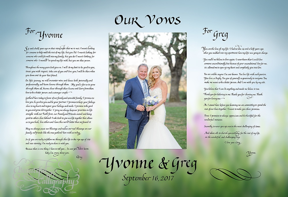 husband & wife's wedding vows in calligraphy with wedding photo