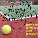 Flourished Happy Birthday calligraphy with tennis court background