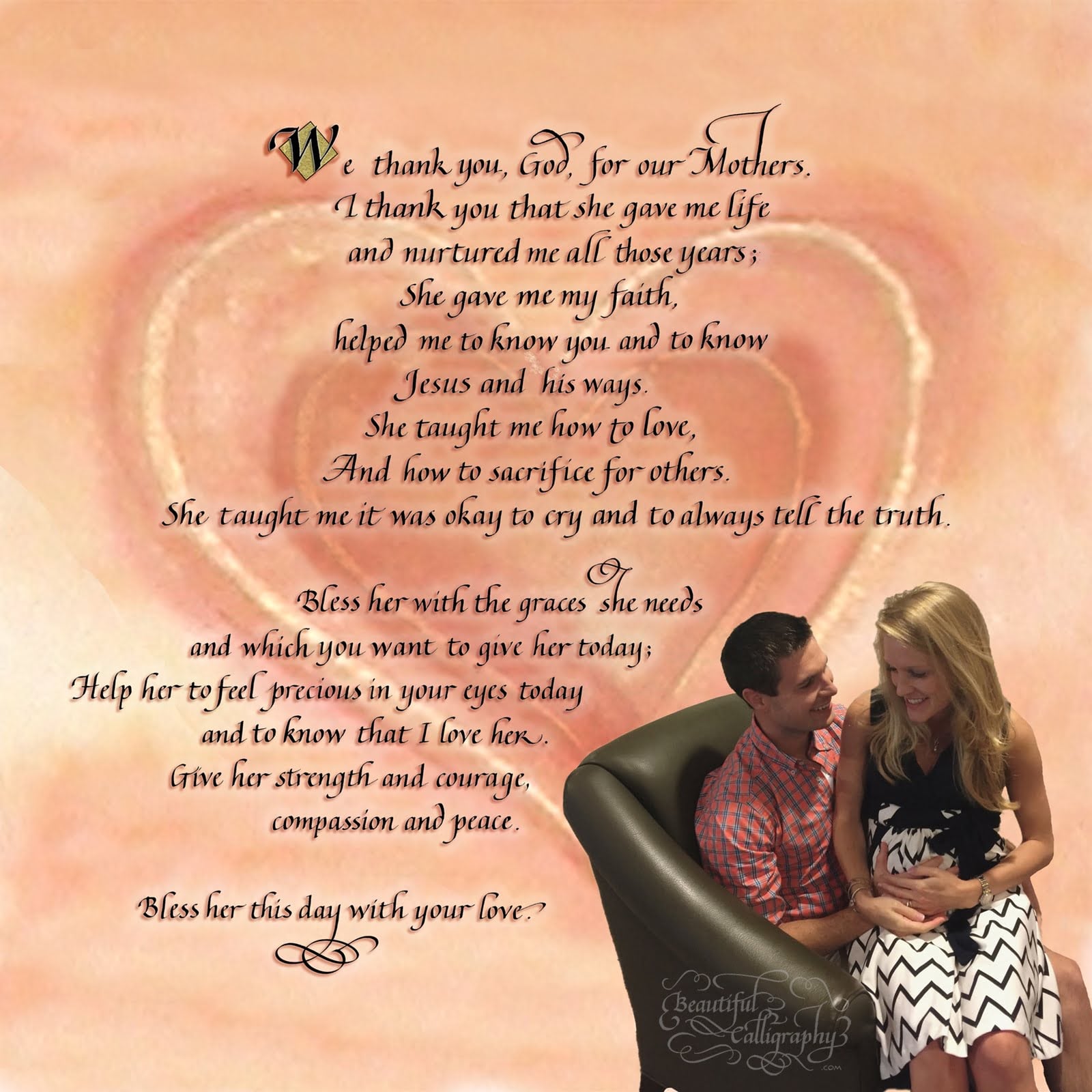 Mother's Day gift of pregnant new wife with her husband's dear God letter in calligraphy