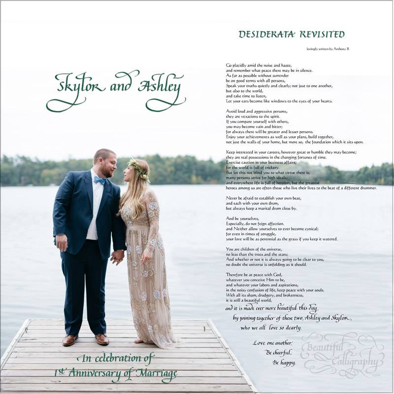 First Anniversary gift, personalized version of Desiderata written in calligraphy & superimposed on wedding photo