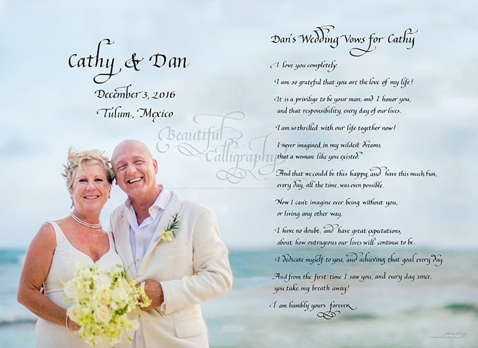 calligraphy marriage vows of husband with wedding photo