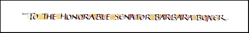 Contemporary calligraphy treatment for award for the Honorable Senator Boxer