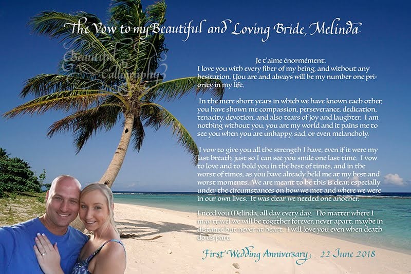 First anniversary love letter with selfie of the couple superimposed on photo background from Hawaii less expensive option computer font with calligraphy