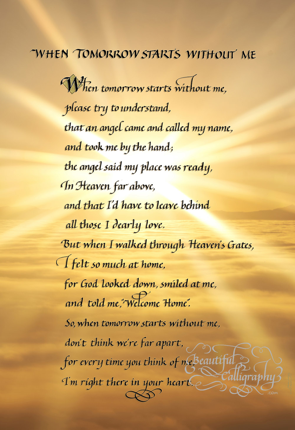 Memorial Poem- When Tomorrow Comes Without Me written in calligraphy on golden sky background