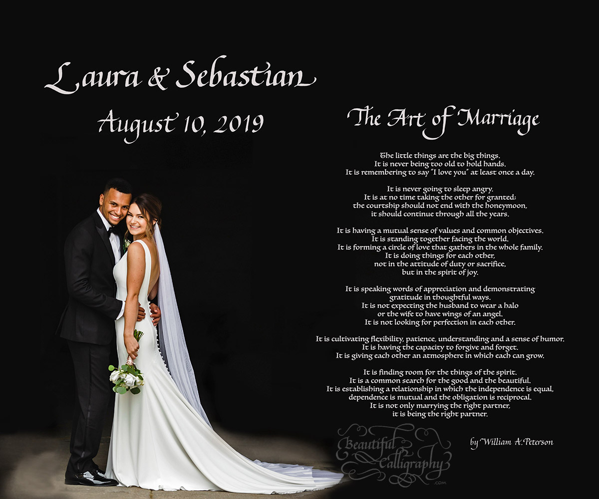 Wedding gift of poem written in hand calligraphy superimposed on couple's wedding photo