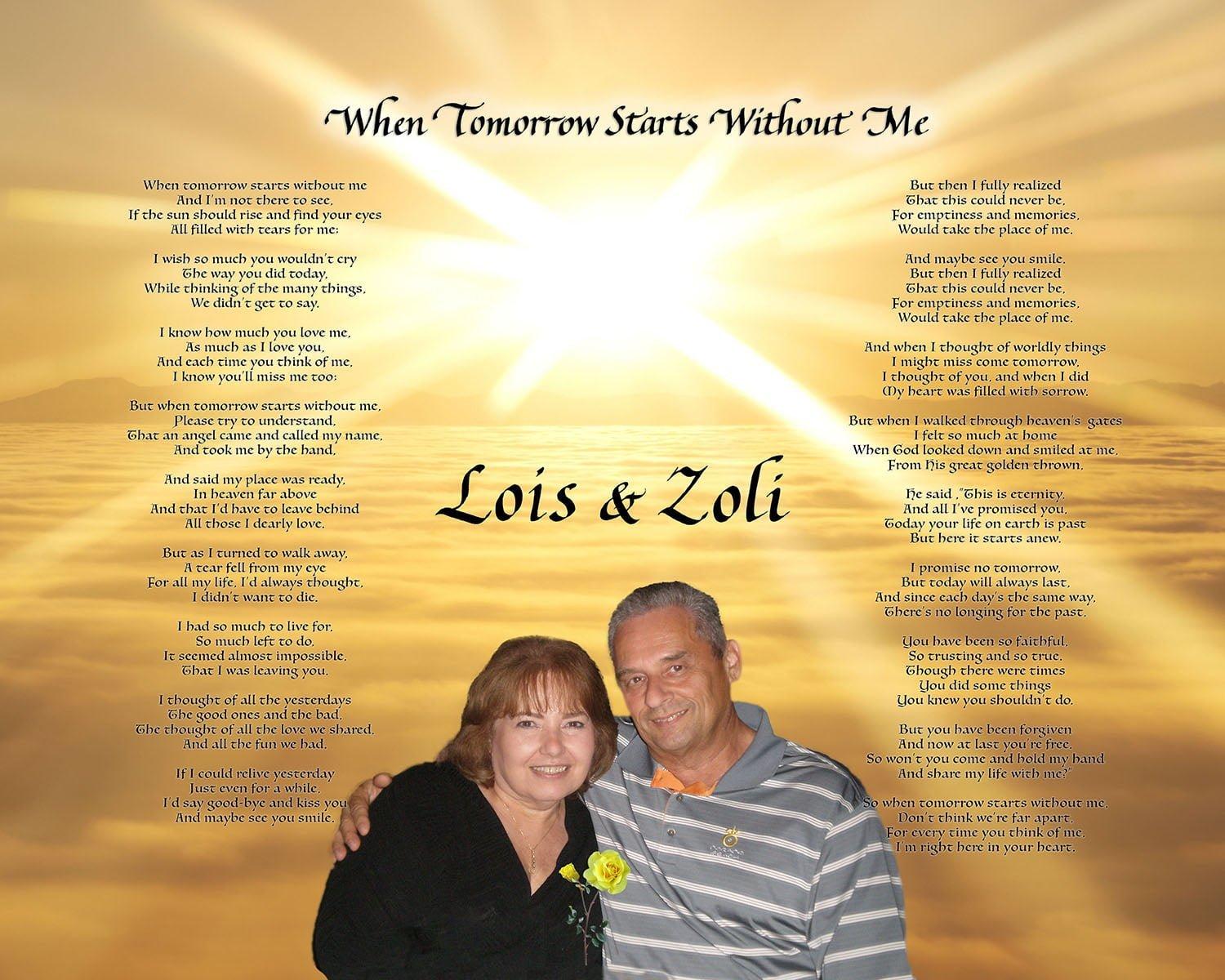 Memorial - complete poem"when tomorrow comes without me" personalized with calligraphy and photo of the couple