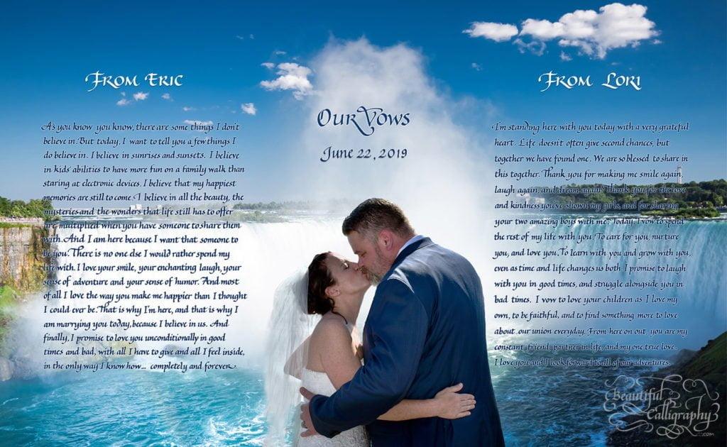 Couple's Traditional-first-year anniversary mattiage vows in calligraphy -in front of Niagara falls background
