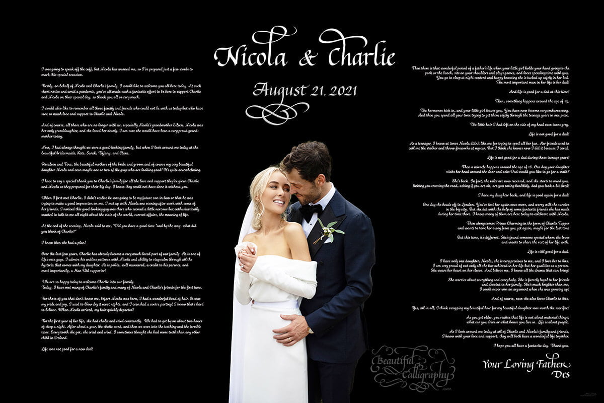Father's wedding speech in combination of computer font & personalized calligraphy. The gorgeous couple's photo is right in the middle.