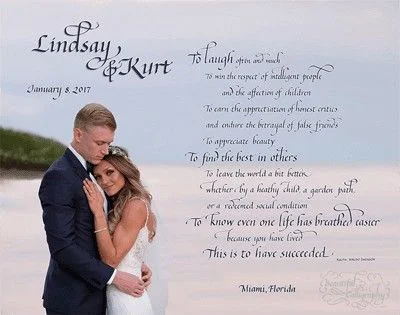 Lindsay and Kurt First anniversary wedding gift of calligraphy with wedding photo