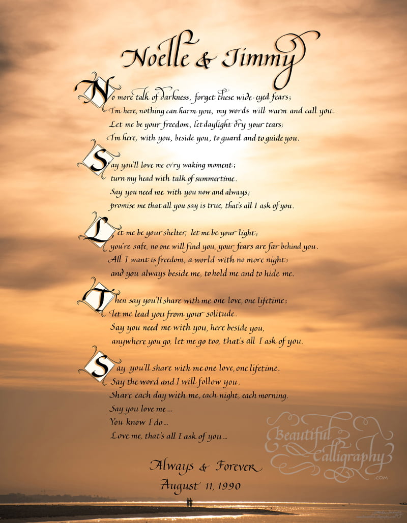 Phantom of the Opera lyrics with leading letters in calligraphy